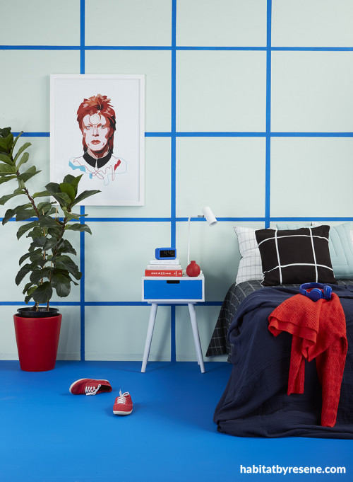 80s revival, 80s inspired bedroom, grid feature wall, blue bedroom, green bedroom, memphis bedroom