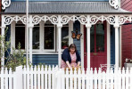 picket fence, blue house, cottage