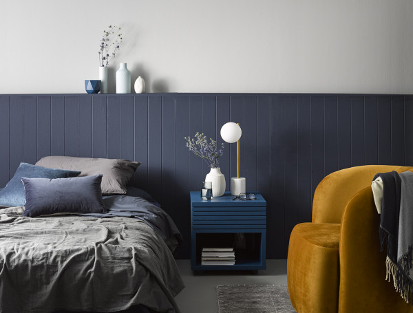 Claudia Kozub panelled navy bedroom Resene IndianInk+GreySeal+HalfChicago+WishingWell+HalfDustedBlue+PouredMilk+Meditation photo Melanie Jenkins ls1