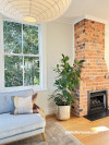 fireplace, exposed brick