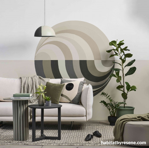 Shapes and tones for this mural are taken from the existing décor in this neutral living room