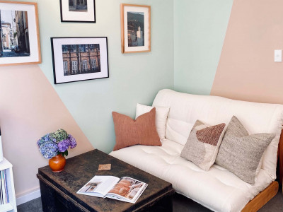 New mum of twins completes ambitious renovation with pops of dusty coral, gold and ocean blue