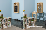 Different-coloured flooring and shelving units can help section off parts of a room