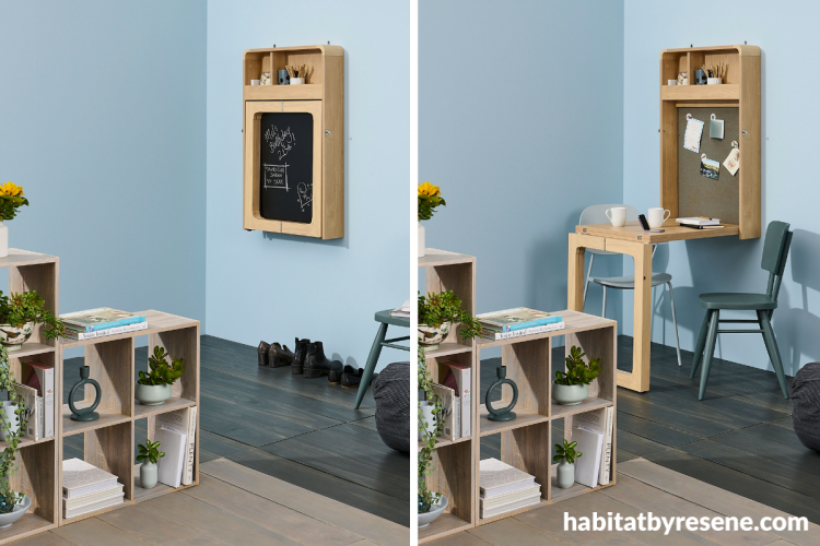 Different-coloured flooring and shelving units can help section off parts of a room