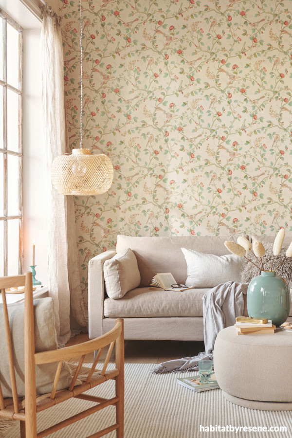 Don’t let summer end, bring the warm season into your home all year round with meadow-like designs like Resene Wallpaper Collection 333120 paired with other warm tones.  