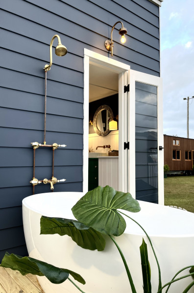 A Hamptons themed tiny home designed by lady tradies creates affordable luxury