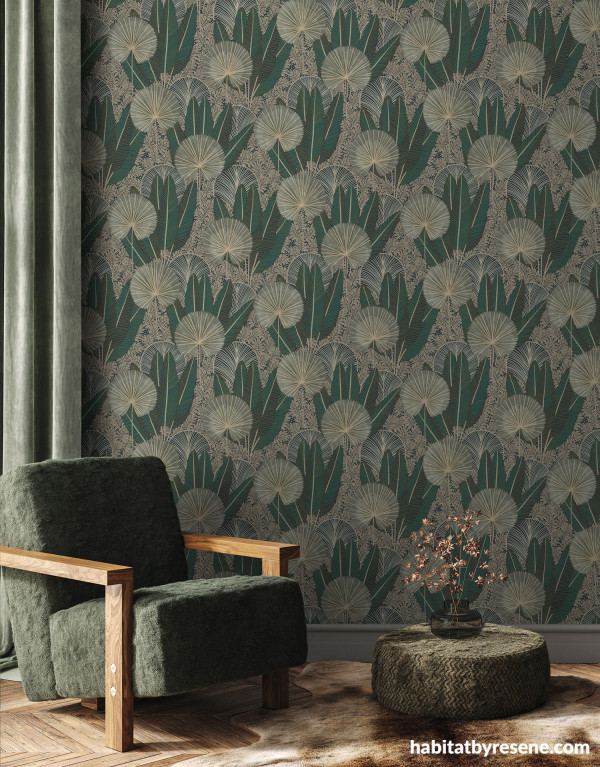 This cosy corner is winter ready with its deep greens, natural elements and leafy design of Resene Wallpaper Collection A54701, all that’s missing is a good book and hot cup of tea.  