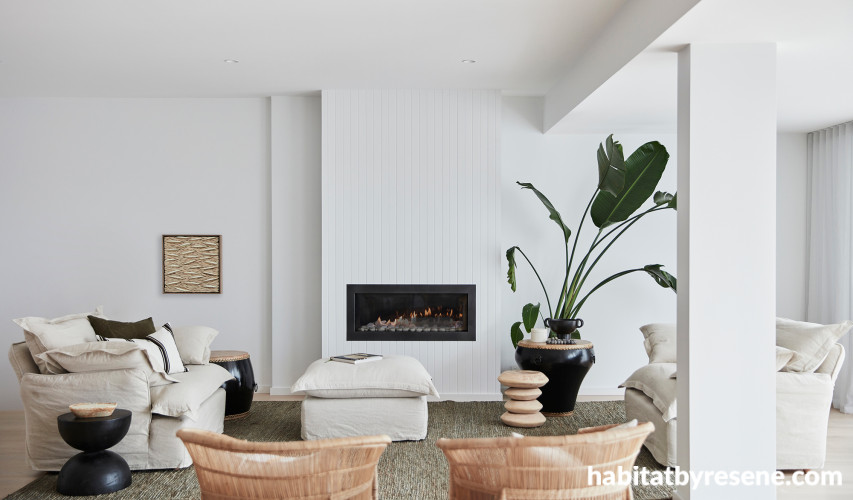 Living area, white living area, neutral living area featuring Resene Eighth Thorndon Cream