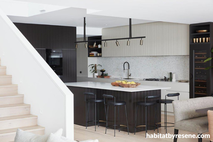 Kitchen, neutral kitchen, black and white kitchen featuring Resene Double Ironsand and Resene Double Thorndon Cream