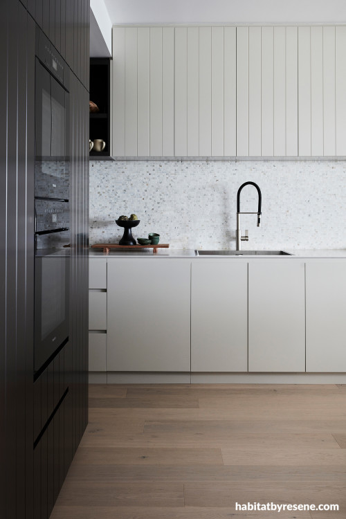 Kitchen, neutral kitchen, black and white kitchen, kitchen featuring Resene Double Thorndon Cream