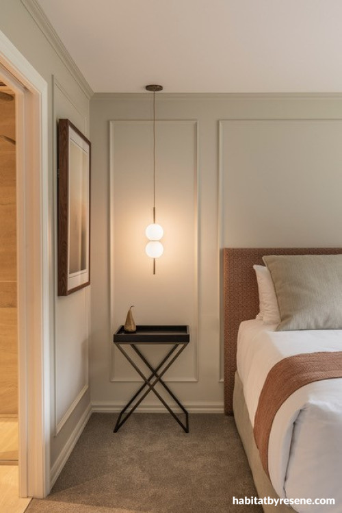 Bedroom, bedroom featuring Resene Quarter Olive Grey