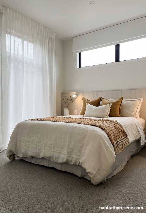 Bedroom, earthy-toned bedroom, bedroom featuring Resene Half Truffle