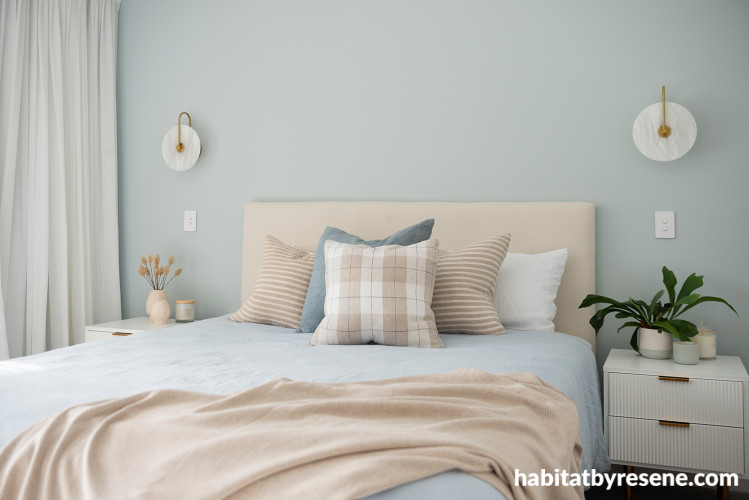 Bedroom, soft blue bedroom, bedroom featuring Resene Half Duck Egg Blue