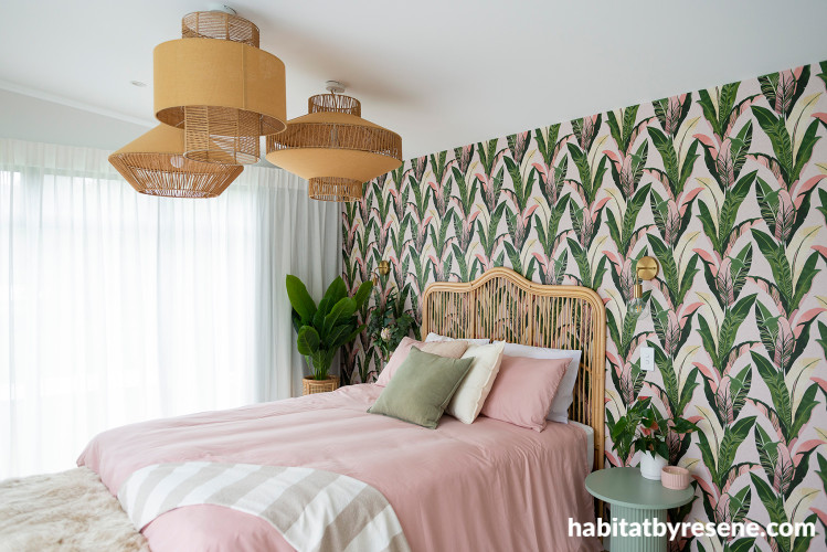 Bedroom, tropical-inspired bedroom, bedroom featuring Resene Wallpaper