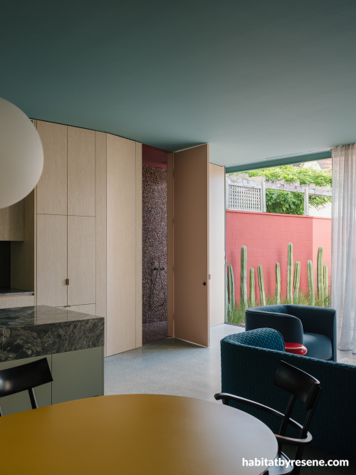 Living and kitchen area, living and kitchen area featuring Resene Juniper on the ceiling