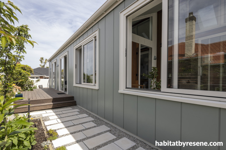 Exterior painted in Resene Blue Smoke with Resene Sea Fog trims