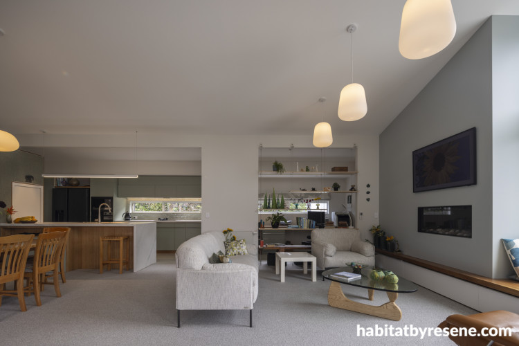 Living area painted in Resene Double Sea Fog and Resene Emerge