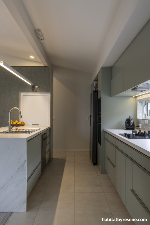 Kitchen painted in Resene Emerge, Resene Double Sea Fog and Resene Half Alabaster