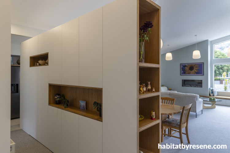 Open plan space with room divider featuring Resene Emerge