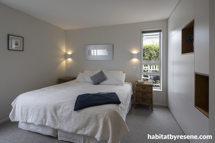 Bedroom painted in Resene Double Sea Fog and Resene Half Alabaster