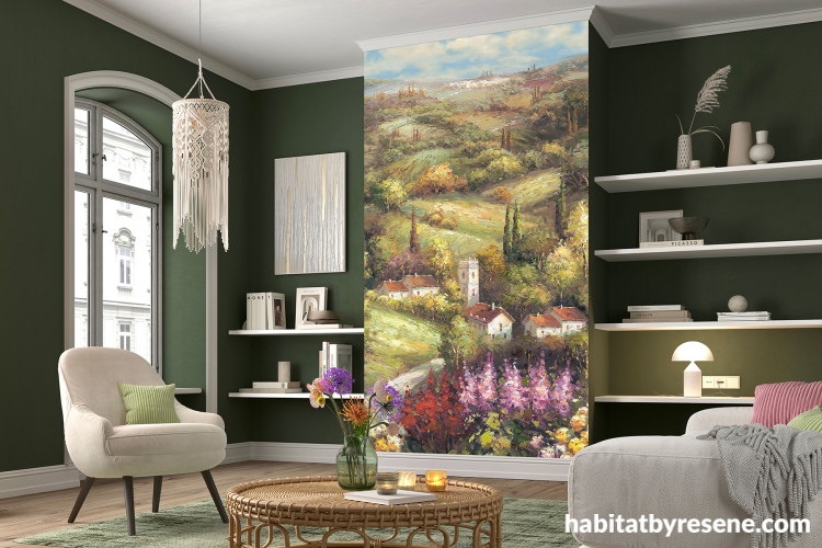Spring meadow-inspired living room featuring Resene Wallpaper Collection 2543N-81