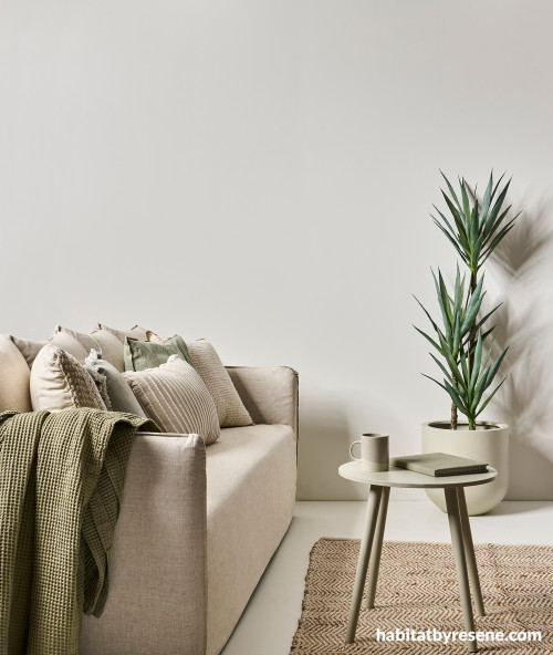 Living room painted Resene Rice Cake