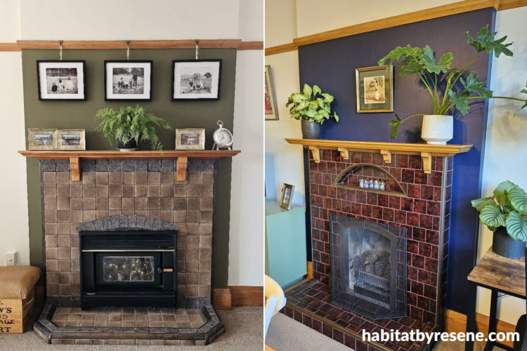 Fireplaces featuring brick surround and feature colour behind