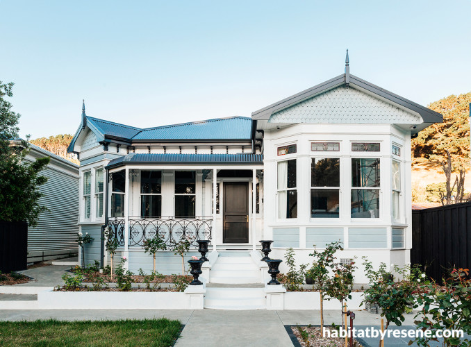 House exterior featuring weatherboards painted in Resene Gull Grey and trims in Sea Fog