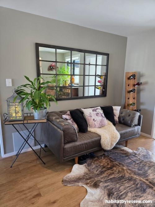 Living area featuring walls in Resene Half Pravda and White, and trims in Black White