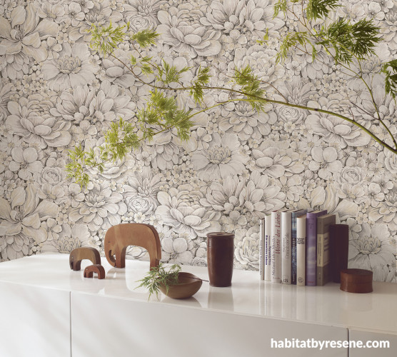 Living area, living area featuring neutral floral wallpaper