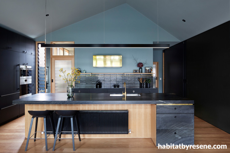 Kitchen, open plan kitchen, dark kitchen featuring Resene Innocence
