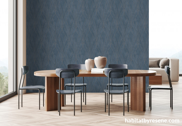 Dining room, dining room featuring blue wallpaper, dining room featuring blue textured wallpaper