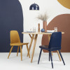 Dining room, dark blue and brown dining room, dining room featuring contemporary colours