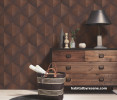 Room featuring dark earthy brown wallpaper and dark wooden drawers