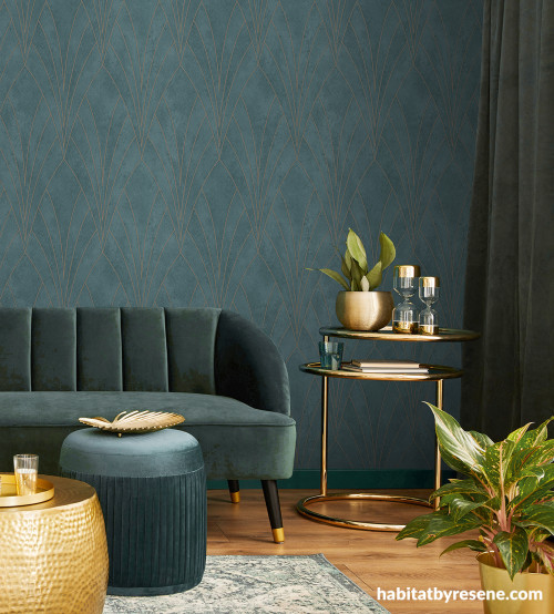 Deep teal living room featuring Resene Wallpaper