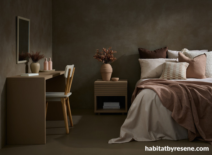 Bedroom featuring moody mocha deep brown colours