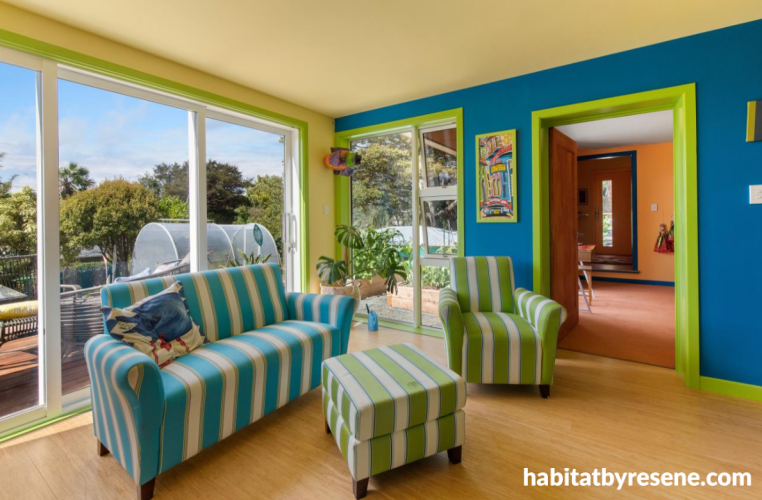 Living room painted in bright Resene colours