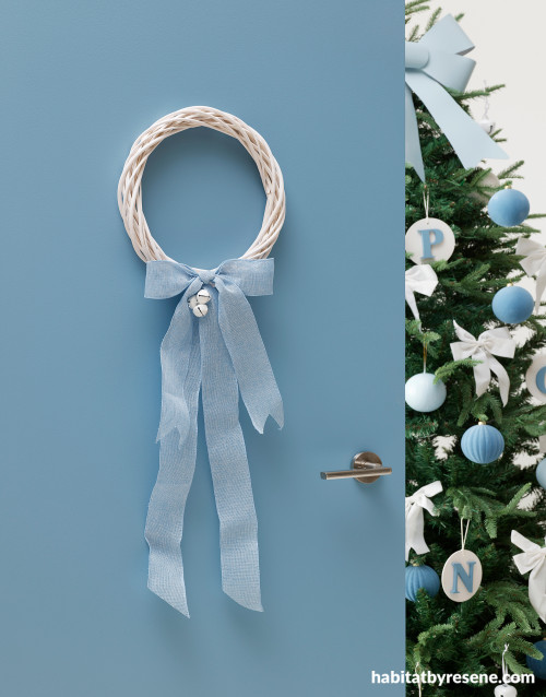 Light blue front door and Christmas wreath