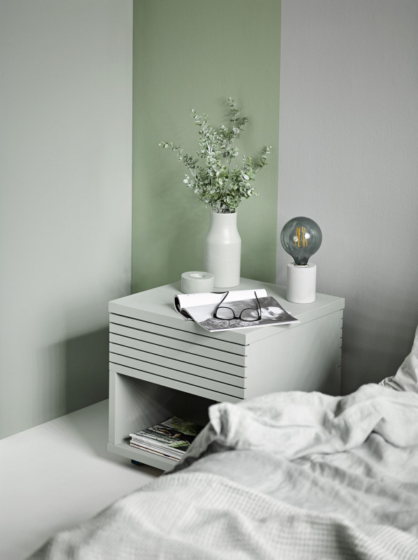 Vanessa Nouwen green colour block bedroom Resene Peace+Alabaster+SilverChalice+Helix+GreySeal+Noir photo Melanie Jenkins C4 1