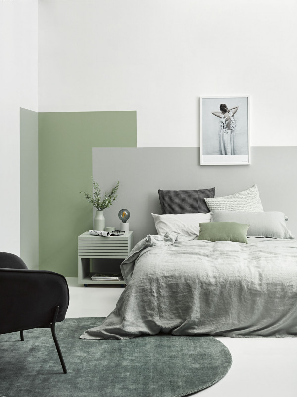Vanessa Nouwen green colour block bedroom Resene Peace+Alabaster+SilverChalice+Helix+GreySeal+Noir photo Melanie Jenkins V2