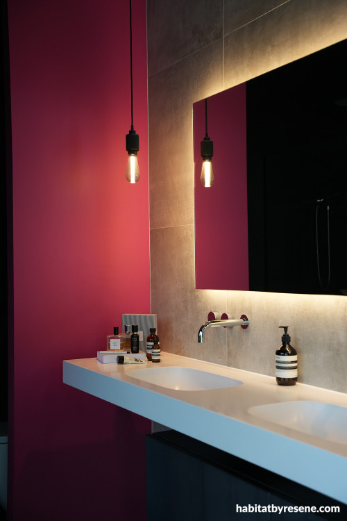 Ensuite, ensuite featuring Resene Rouge, ensuite featuring magenta pink