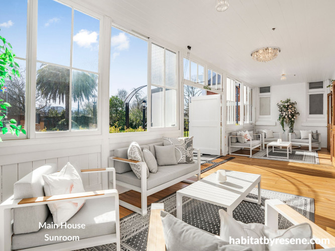 Sunroom, white sunroom, sunroom featuring Resene Sea Fog