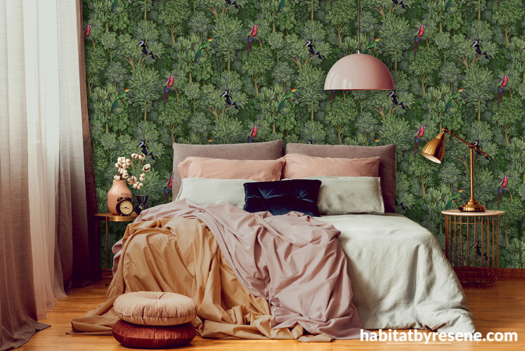 Bedroom, bedroom featuring statement Resene wallpaper