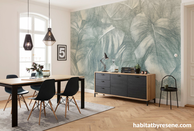 Dining area, dining area featuring nature-inspired Resene wallpaper