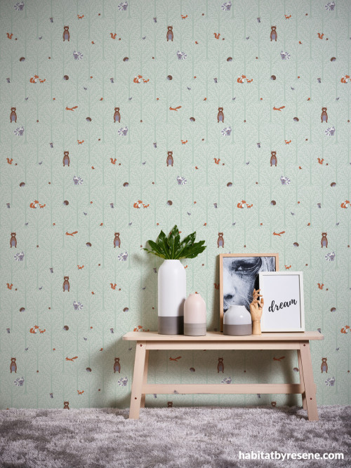 Child's room, kids room featuring statement Resene wallpaper