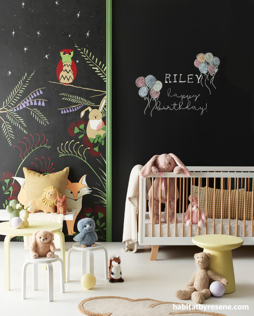 Nursery, children's nursery, baby's room featuring Resene FX Blackboard Paint