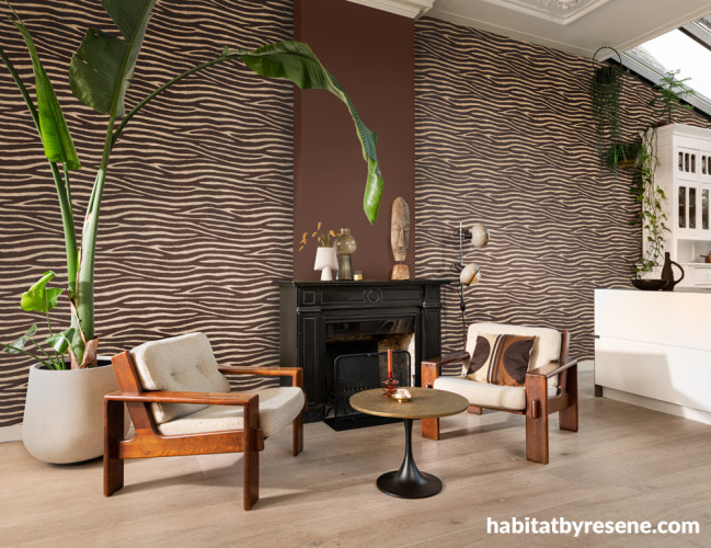Living room featuring earthy-toned zebra design wallpaper