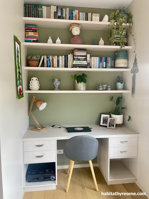 Office nook back wall in Resene Bitter, surrounding walls in Half Fossil. 