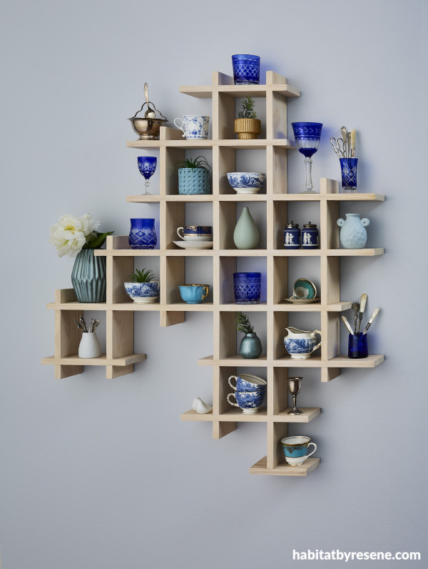 An abstract shelf filled with various trinkets