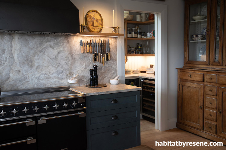 Kitchen, moody-inspired kitchen, kitchen featuring Resene Jurassic and Resene Innocence